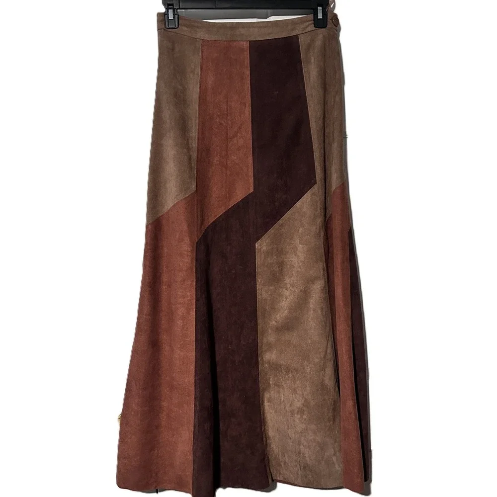 Fringe Faux Suede Patchwork Maxi Skirt Brown Tan Rust Boho CP-6286 Size Large - Picture 1 of 8